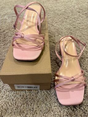 Pink Strappy Knot Front Block Heel Sandals